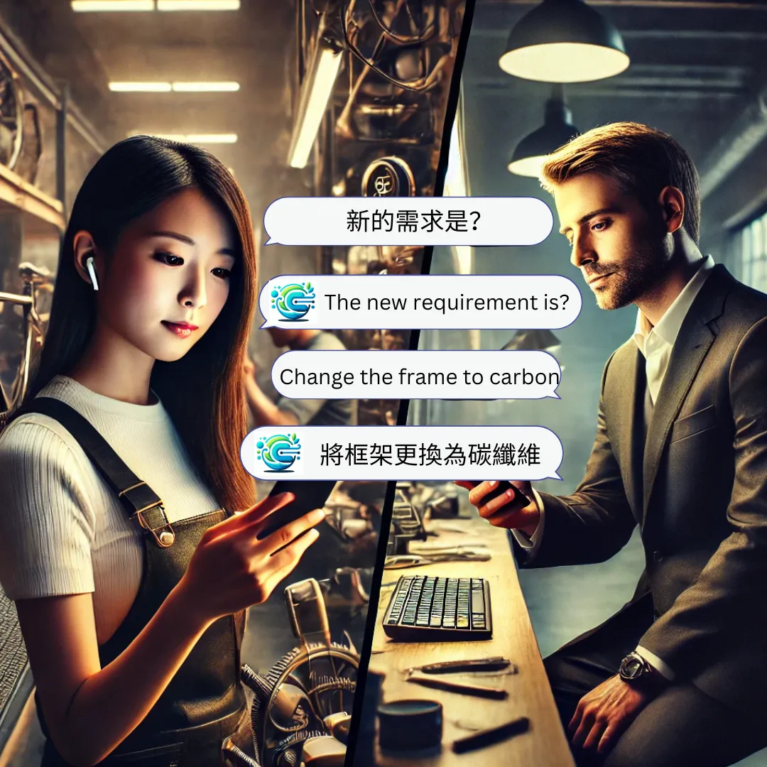兩位同事在手機上聊天，Echonora 即時翻譯中文與英文對話