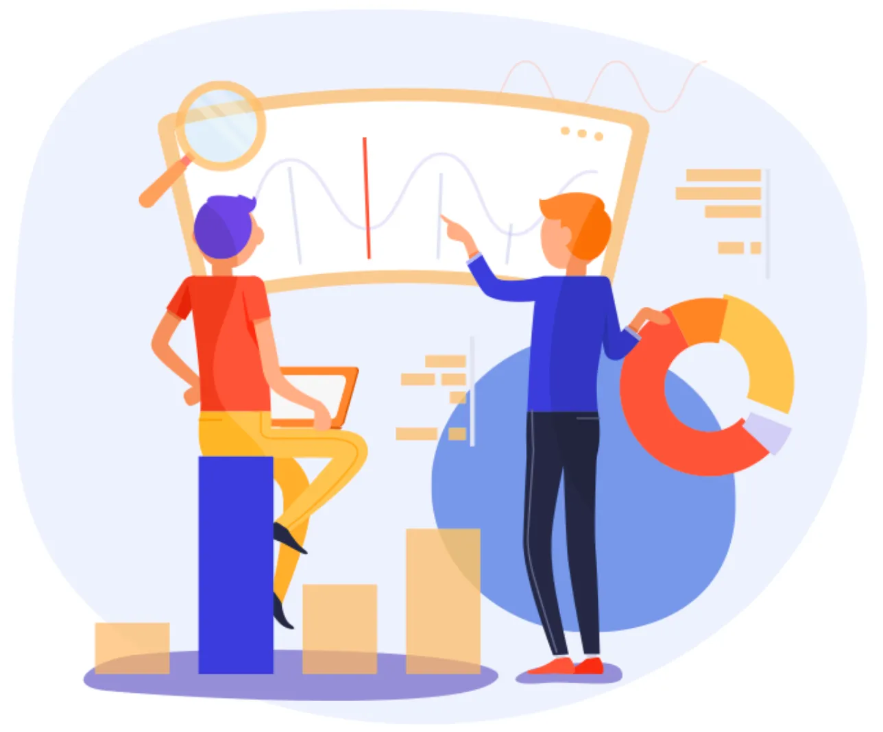 Illustration of a team reviewing analytics dashboards together