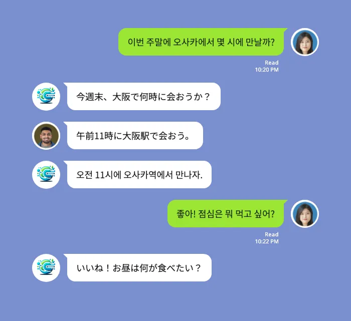 LINE 그룹 채팅 화면 예시. 한국어를 쓰는 사람이 오사카에서 만날 시간을 묻자 Echonora가 일본어로 번역해 보여 주고, 일본어로 온 답장은 한국어로 번역해 보여 줍니다.