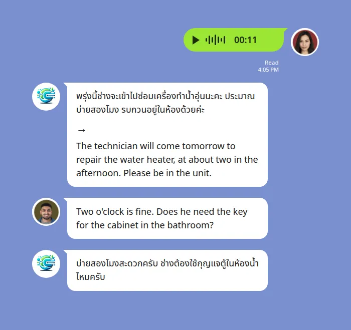 A Thai landlord's LINE voice message translated for an English-speaking tenant by Echonora — the bot posts the Thai transcript of the voice note above an arrow with the English translation below it, saying a technician will come tomorrow at about two in the afternoon to repair the water heater, and the tenant's English reply asking about a cabinet key is translated back into Thai
