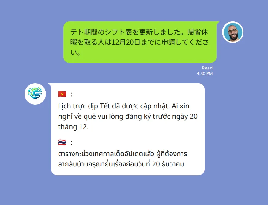 LINE グループでの多言語の年末告知:日本人の班長が日本語でテト期間のシフト表の更新と帰省休暇の申請期限(12月20日まで)を投稿し、Echonora ボットが同じ一件の返信の中にベトナム語とタイ語の訳文を国旗つきで並べている。日本語の原文は重複して表示されていない