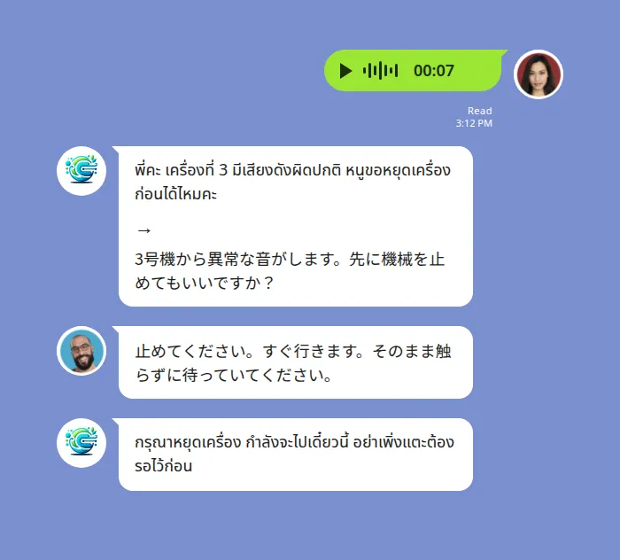食品工場の LINE グループで、タイ人スタッフが7秒のボイスメッセージを送信し、翻訳ボットがタイ語の書き起こしと、その下に矢印を挟んで日本語訳「3号機から異常な音がします。先に機械を止めてもいいですか？」を一つの吹き出しで表示している様子。続いて日本人の責任者が「止めてください。すぐ行きます。そのまま触らずに待っていてください」と日本語で返し、そのタイ語訳がグループに投稿されている。