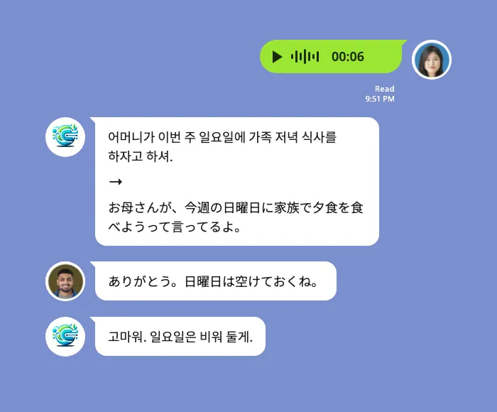 LINE 그룹 채팅 화면 예시. 한국어 음성 메시지를 Echonora가 글자로 옮겨 일본어 번역과 함께 텍스트로 보여 주고, 일본어 답장은 한국어로 번역해 보여 줍니다.
