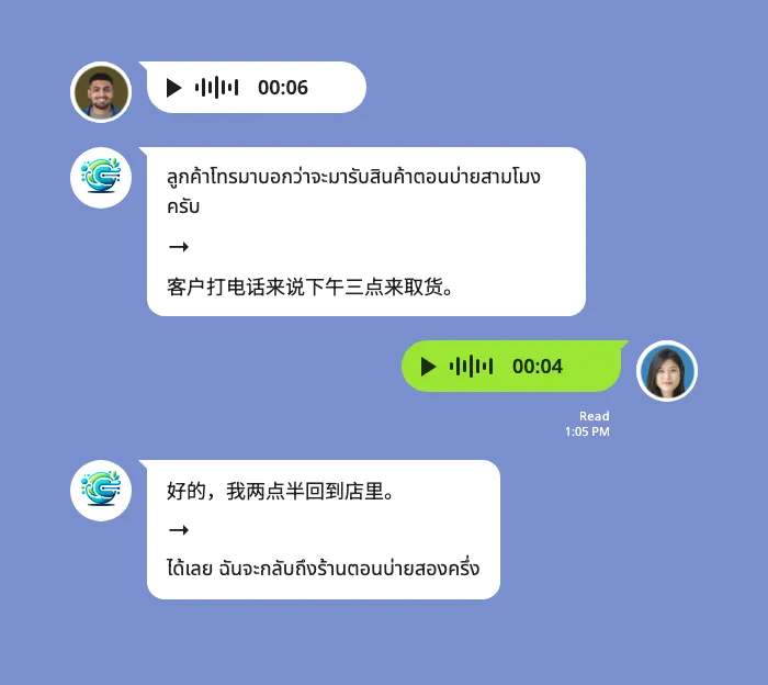 LINE 群组聊天示例。员工发了一条泰语语音消息，Echonora 把内容转成文字并附上中文翻译；老板的中文语音回复也被转成文字并翻译成泰语。