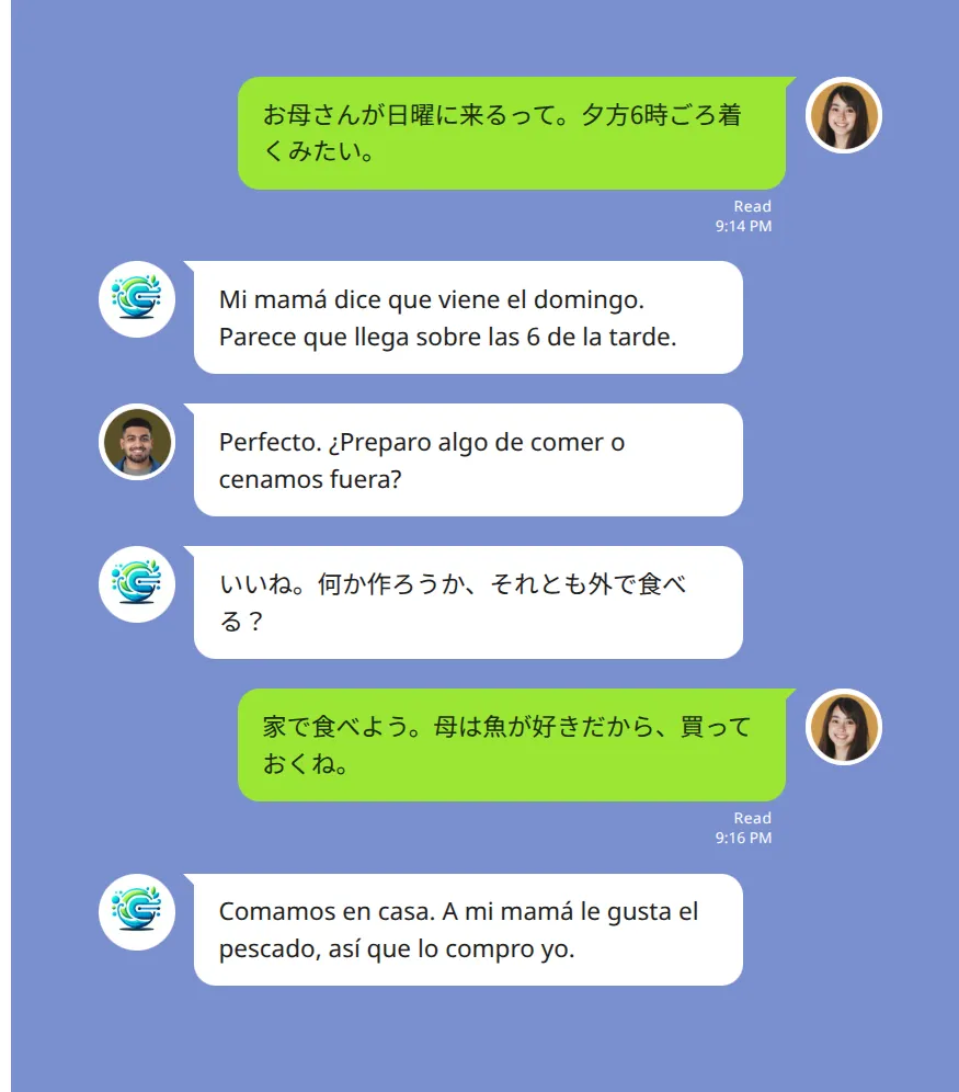 日本語とスペイン語の家族グループでの会話例。日本語で「お母さんが日曜に来るって。夕方6時ごろ着くみたい」と送ると、Echonora のボットがスペイン語の訳をグループに返し、スペイン語での返信には日本語の訳が返る。原文と訳文の両方が会話の流れの中に残っている。