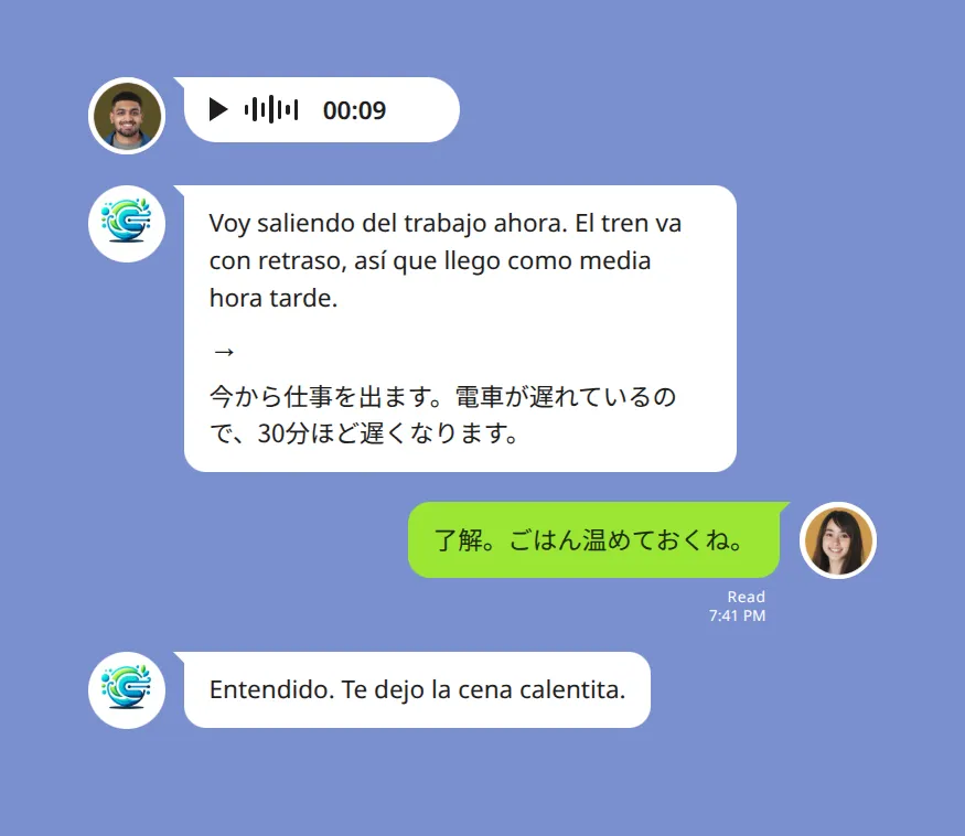スペイン語の音声メッセージが LINE グループで翻訳される様子。9秒の音声に対して Echonora のボットが一つのメッセージを返し、上にスペイン語の書き起こし、矢印をはさんで下に日本語の訳が並んでいる。続く日本語のテキストメッセージにはスペイン語の訳が返っている。